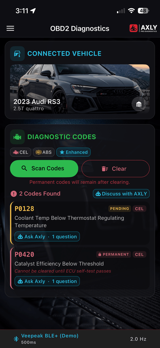 AXLY Check Engine Light screen
